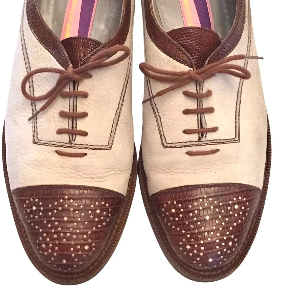 Vtg Susan Bennis Warren Edwards Leather Oxford Sz 10 Off White/Brown Cap Toe
